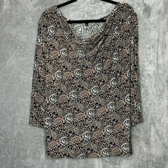 Briggs New York 2X Shirt Top Brown Paisley 3/4 Sleeve Cowl Neck Stretch Womens - Picture 1 of 5